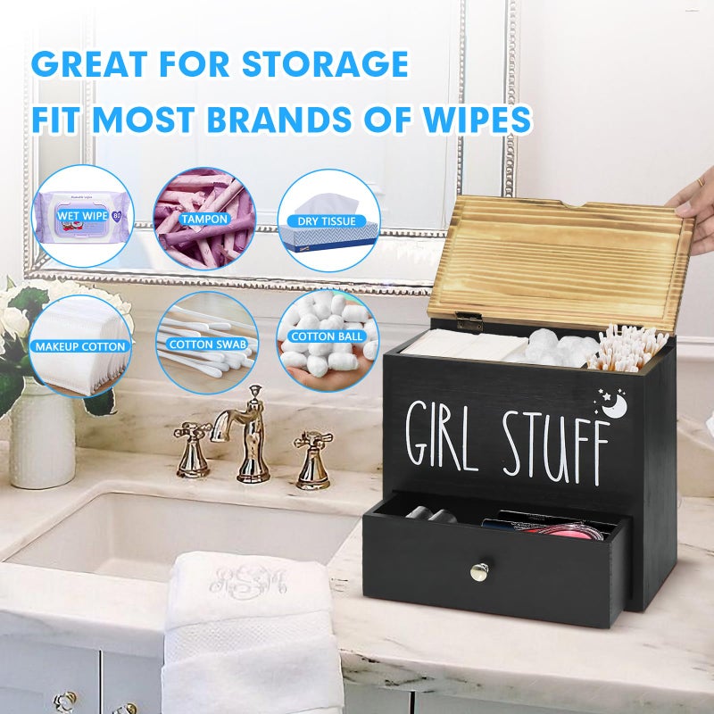 Ukonvi Tampon Holder for Bathroom Decor and Storage  Wood Feminine Product Organizer with Drawer and Lid  Pad and Tampon Organizer Bathroom Accessories Box for Tampon Storage  Black Cotton Ball/Swab Holder - Image 4